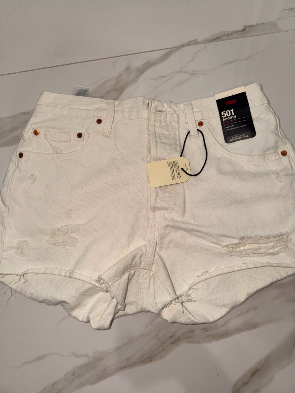 Levi's White Distressed 501 Cutoff Denim Shorts